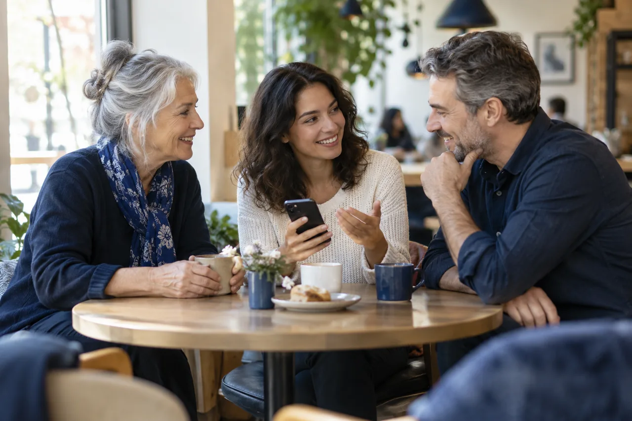 Gente hablando alrededor de una mesa en un café — fotografía generada por AI