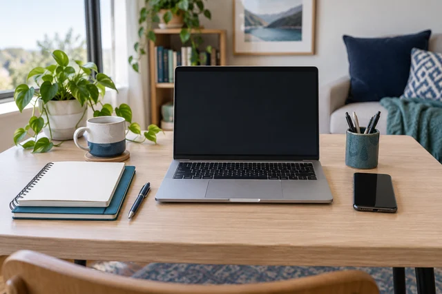 Ordinateur, téléphone et carnets sur un bureau — visuel généré par IA