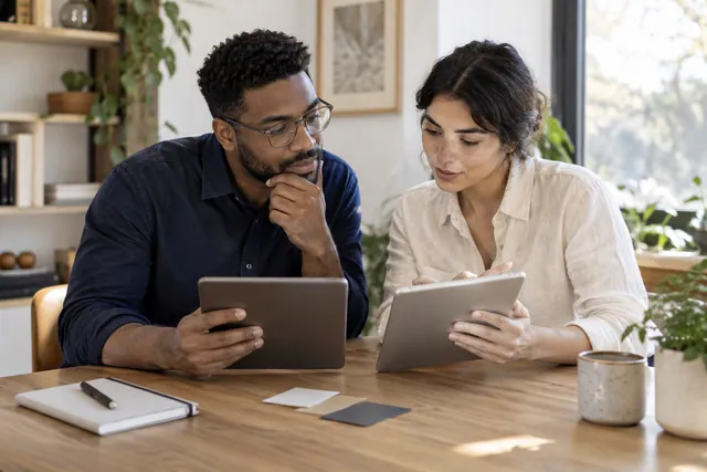 Dos personas comparando opciones en tabletas — fotos generadas por AI