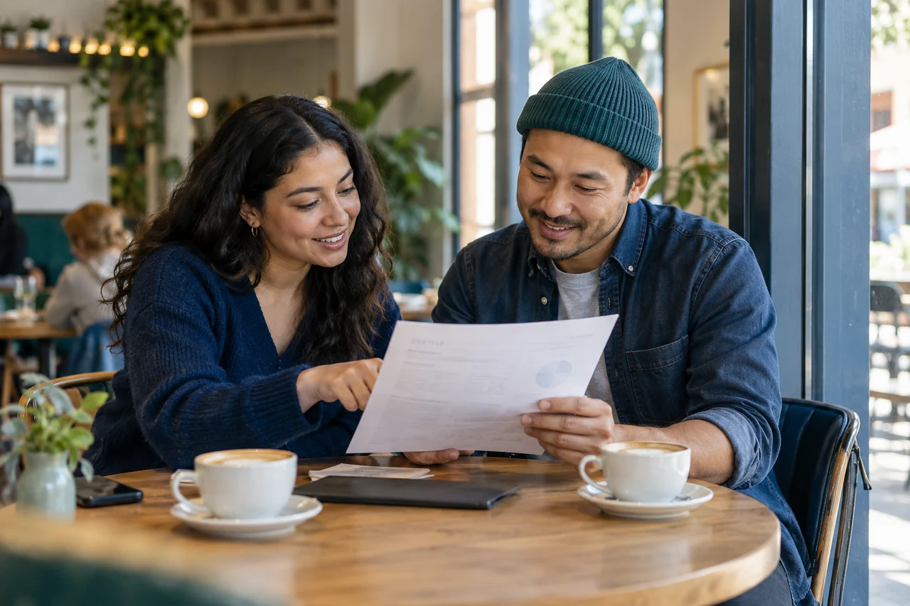 Deux personnes consultent un document dans un café — visuel généré par IA