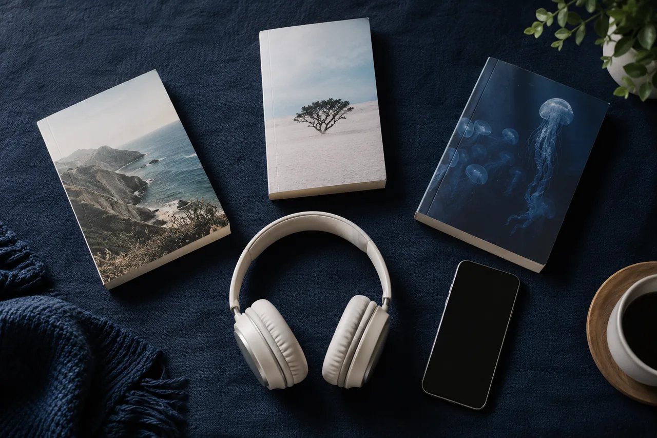 Telefono, cuffie e libri che suggeriscono diverse scelte di contenuto — Foto generate dall'AI