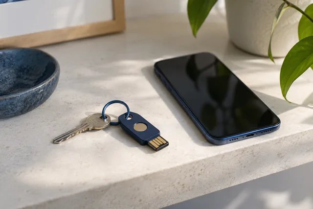  Uma chave de segurança e telefone para preparar o acesso à conta — Fotografia gerada por IA