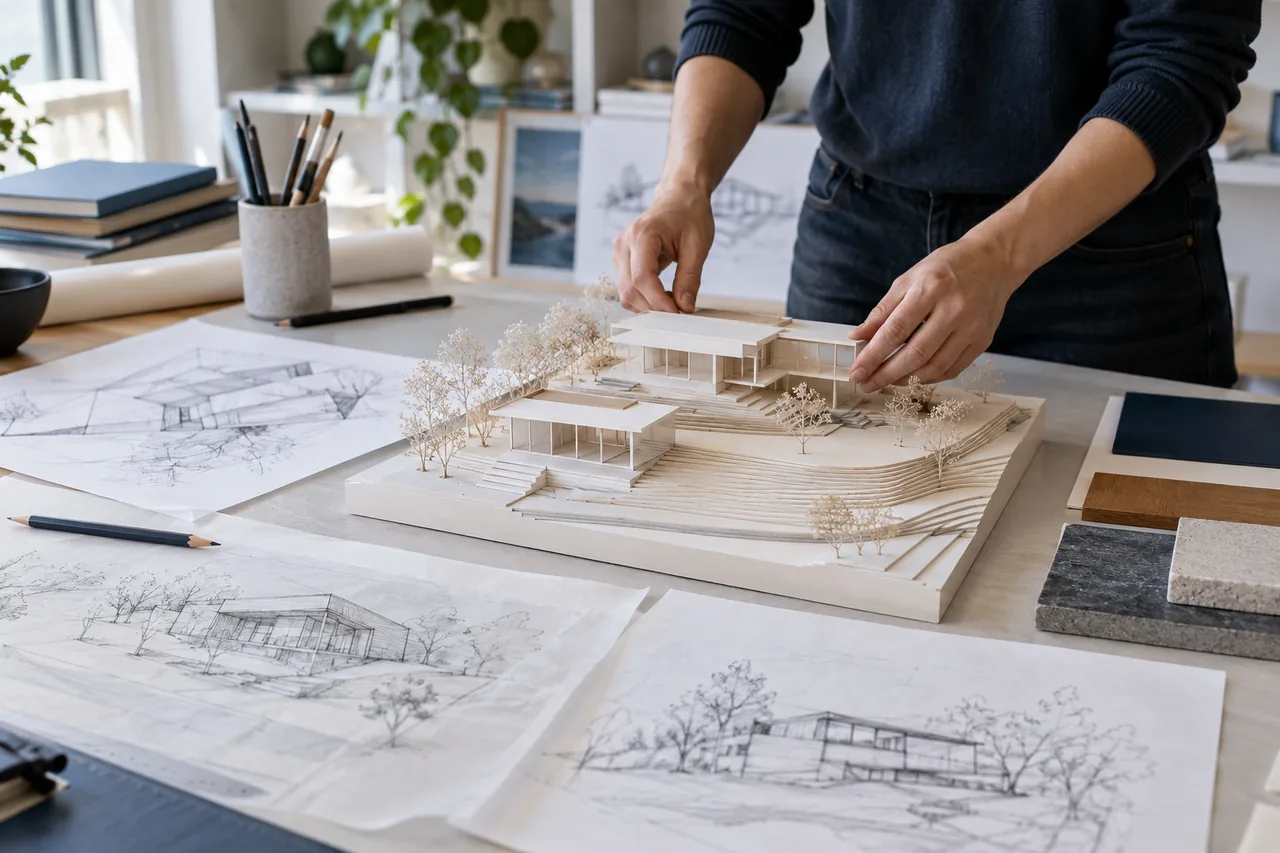 Ein Modell und Skizzen, die die Projektphasen dokumentieren - AI-generiertes Foto