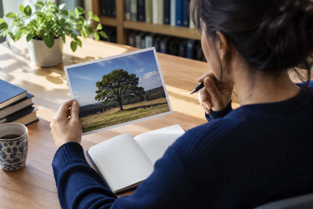 Una persona que examina una fotografía antes de describirla — fotografía generada por AI
