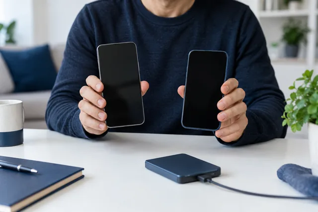 Dois telefones e um dispositivo de backup antes de mudar de dispositivo — fotografia gerada por IA