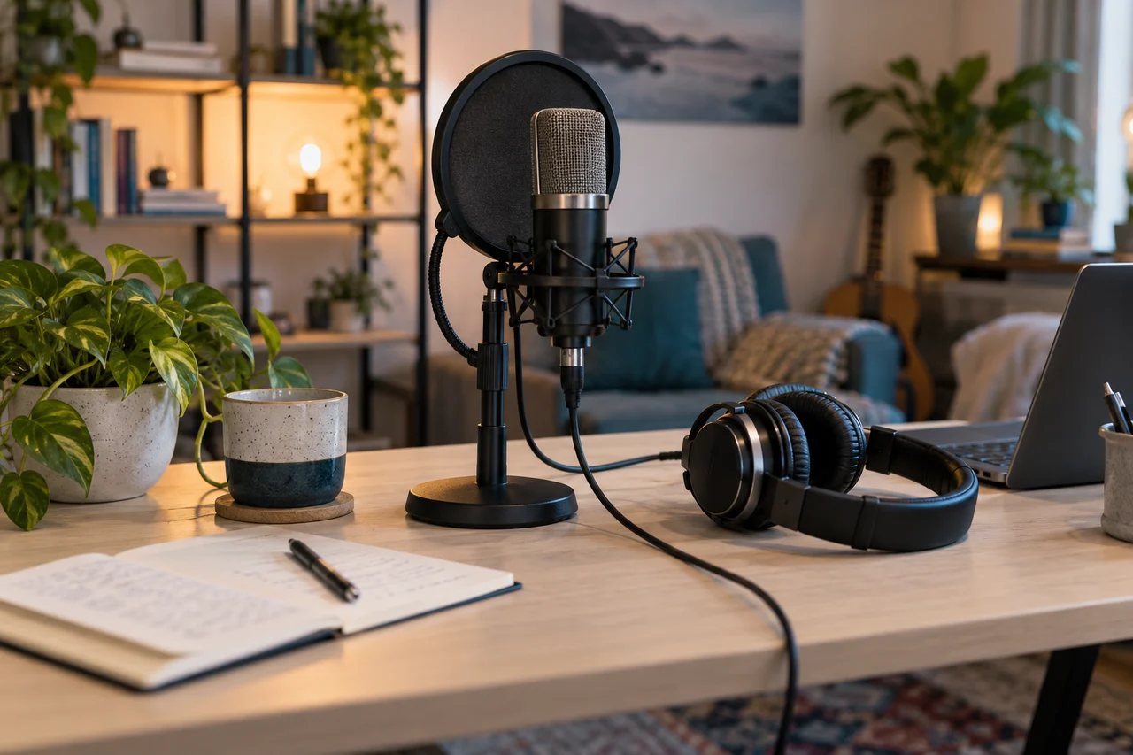 Casque, microphone et filtre anti-pop de studio — visuel généré par IA