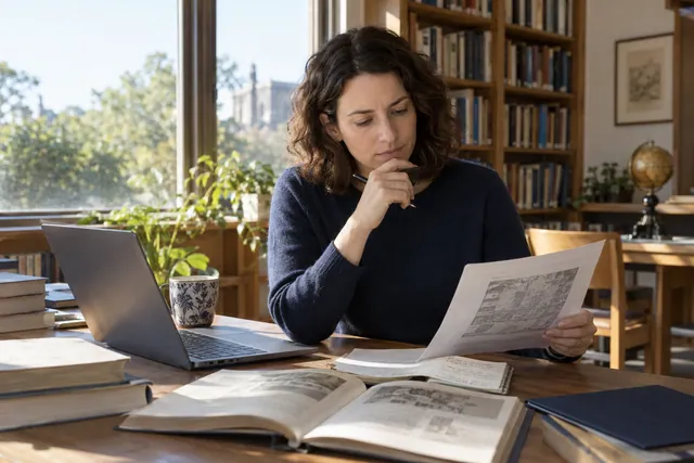  Uma pessoa comparando um documento impresso e referências em uma biblioteca — fotografia gerada por IA