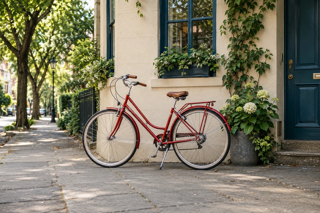 Red bicycle parked beside a building — AI-generated image